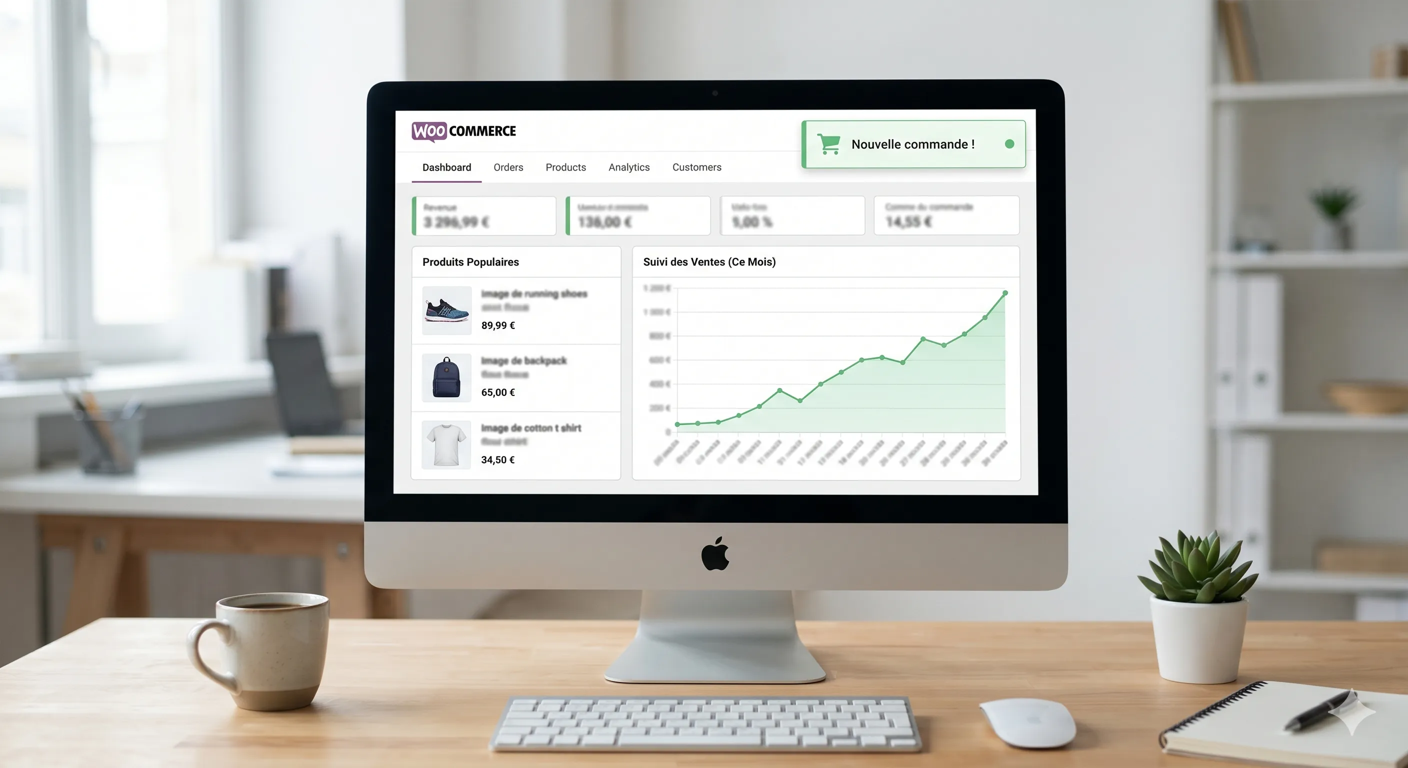 Tableau de bord WooCommerce avec suivi des ventes et commandes pour une boutique en ligne professionnelle