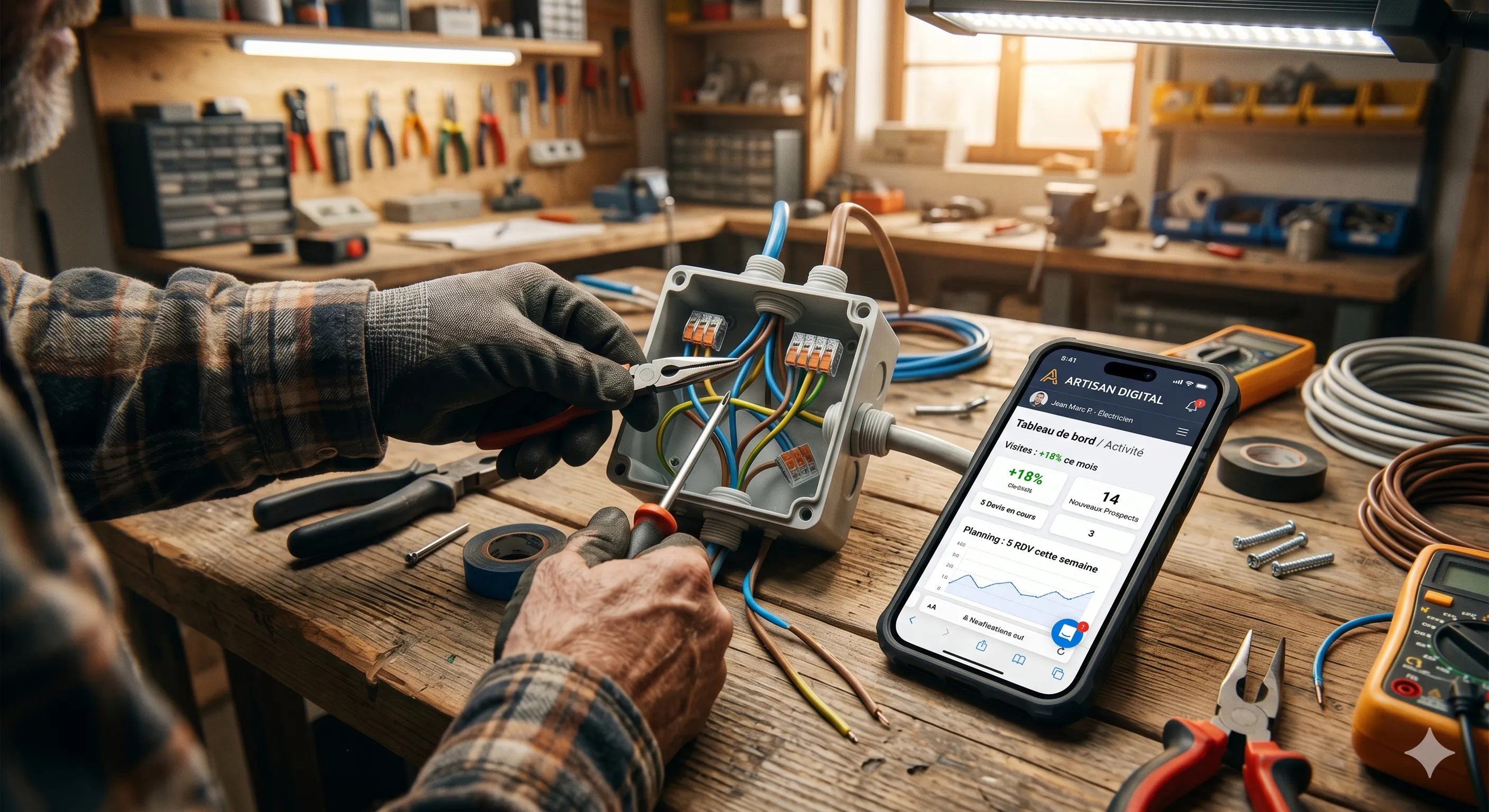 Artisan électricien au travail avec smartphone affichant un tableau de bord de suivi de son site web